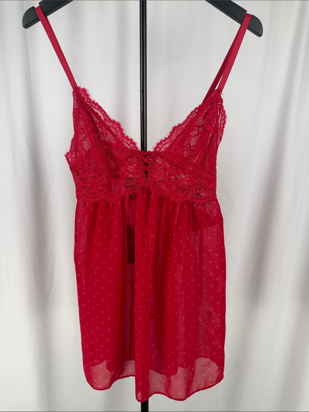 INC International Concepts Red Lace & Sheer Polka-Dot Chemise